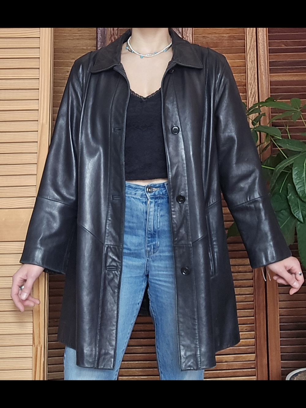 Classic Black Faux Leather Coat - Women's Long Jacket